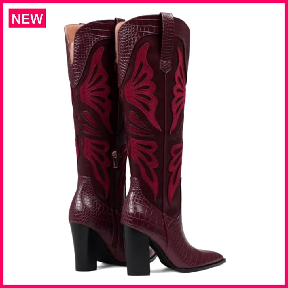 Pointed Toe Knee High Cowboy Boots with Chunky Heel and Side Zipper - Picture 7 of 7